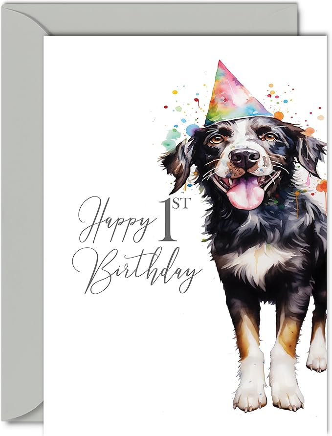 1st Birthday Cards for Boys Girls - Party Dog - Happy Birthday Card for 1 Year Old Boy Girl Grandson Granddaughter Son Daughter Nephew Niece, A5 Bday Greeting Cards