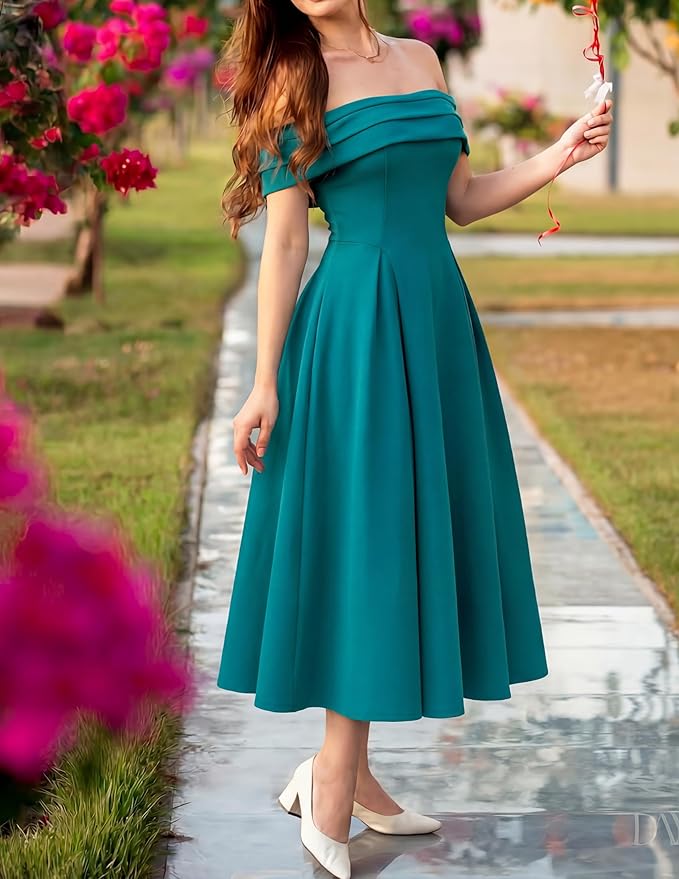 ZESICA Summer 2026 Cocktail Dresses for Women's Off Shoulder Short Sleeve Swing A Line Wedding Evening Party Midi Dress