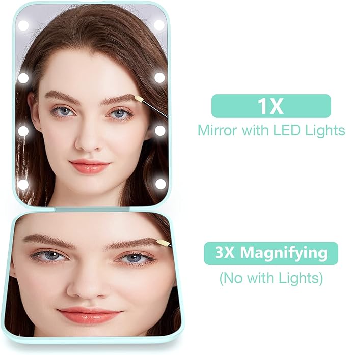 WOBSION Small Mirror with Lights,LED Compact Makeup Mirror,1x/3x Mini Travel Mirror with Magnification,Portable for Purse,Pocket,Gifts for Girls,Cyan