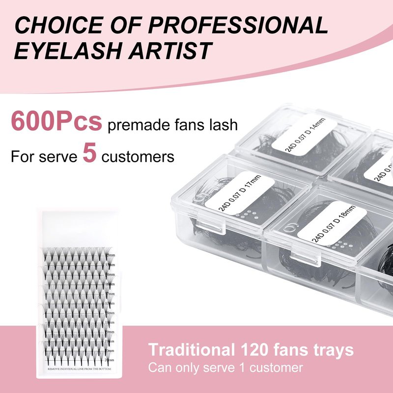FADLASH Volume Lash Extensions 600pcs 24D Premade Fans Eyelash Extensions D Curl Pointy Base Pre Made Fans Lash Extension Mixed Tray Eyelash Extension Premade Fans (24D-0.07D-14-20mm), Black