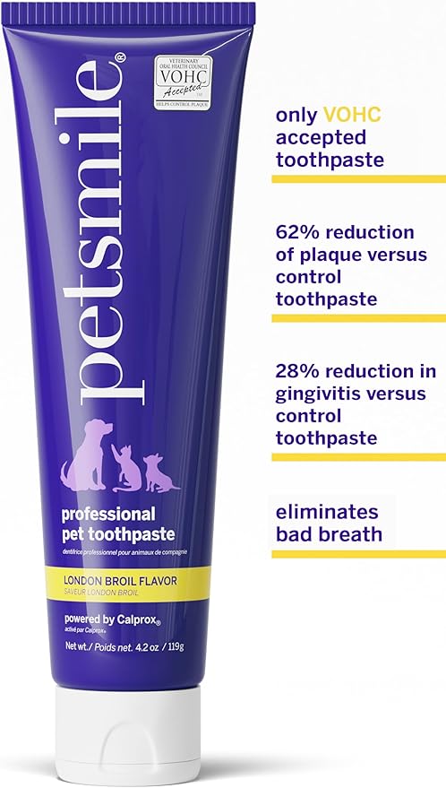 Petsmile Professional Pet Teeth Brushing Kit for Cats & Dogs- Only VOHC Accepted Toothpaste & Patented Toothbrush - Proven to Control Plaque & Tartar Calprox Formula (London Broil, 4.2 Oz)
