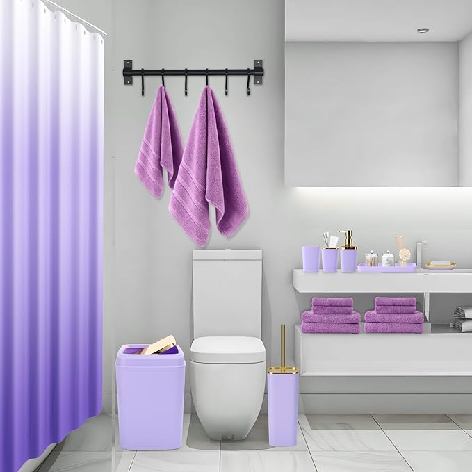 Purple Bathroom Accessories, 24 Pieces Purple and Gold Bathroom Accessories Set with Shower Curtain, Bath Towels, Trash Can, Soap Dispenser and Soap Dish for Bathroom/Housewarming