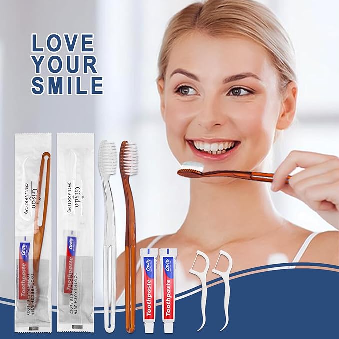 100 pcs Disposable Toothbrushes with Toothpaste Floss Individually Wrapped, 2 Color Disposable Toothbrush Bulk, 10g Toothpaste, Dental Floss Pick for Homeless,Airbnb,Hotel,Guest