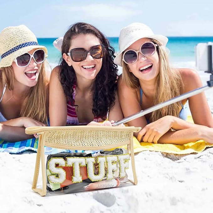 Boho Hand-woven Makeup Bag, Chenille Letter Patch Clear Travel Pouch, Rattan Straw Bag Clear Cosmetic Sunscreen Bags, Women Summer Retro Travel Beach Bag Beach Essentials (Boho_Beige-Stuff)