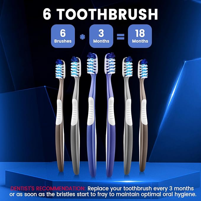 Soft Toothbrushes for Adults, Soft Rounded Bristles, Built in Gum Stimulators, 6 Count