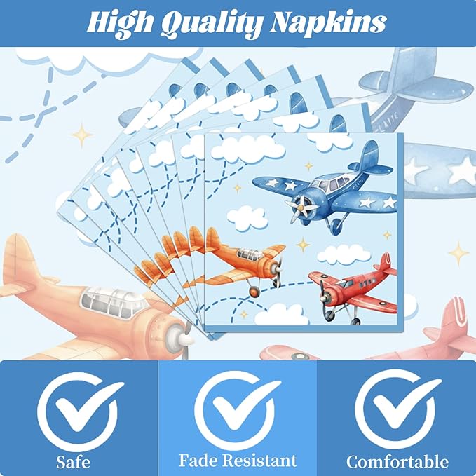 Rakuto Airplane 1st Birthday Party Decorations, 96PCS Time Flis Disposable Paper Plates and Napkins Decorations, Airplane First Birthday Forks Decor Supplies for One Years Old Boys Girls Serve 24