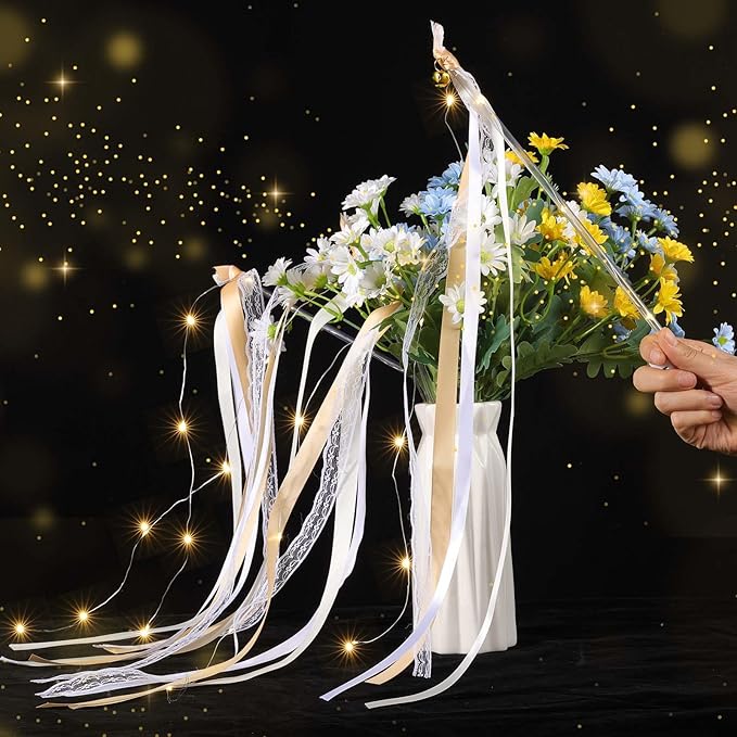 100 Pcs Wedding Wands Ribbon Streamers with 3 Colorful Flashing Modes, Light up LED Silk Fairy Wands, Glow Lace Stick with Bells for Wedding Reception, Graduation, New Year, Birthday Party (Champagne)