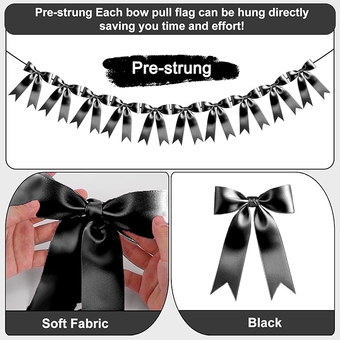 Black Bow Garland Bow Banner Bow Party Decorations Pre-Strung Large Coquette Satin Ribbon for Birthday Bachelorette Party Bridal Shower Wedding Engagement Baby Shower