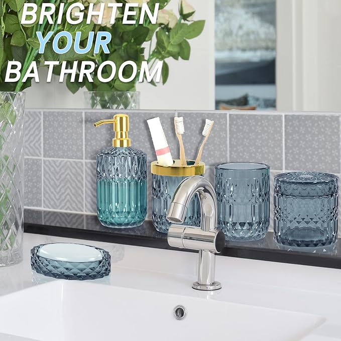Blue Bathroom Accessories Set - 5PCS Clear Glass Bathroom Accessory Set (Toothbrush Holders, Soap Dispenser, Soap Dish, Tumbler, Cotton Swab Jar), Countertop Vanity Organizer Modern Decor Vintage Gift
