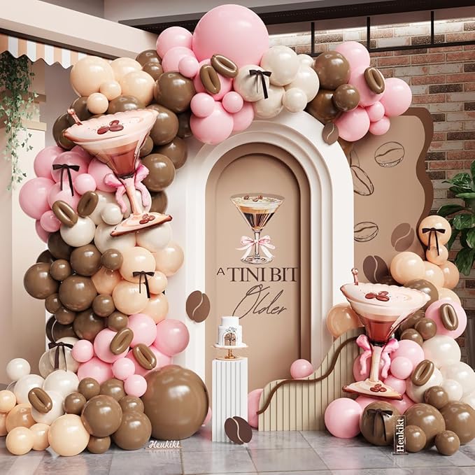 138Pcs Espresso Martini Balloon Garland Kit, Pink Brown Balloons Arch with Martini Foil Balloon for A Tini Bit Older Girls Women Birthday Bachelorette Bridal Shower Party Decorations