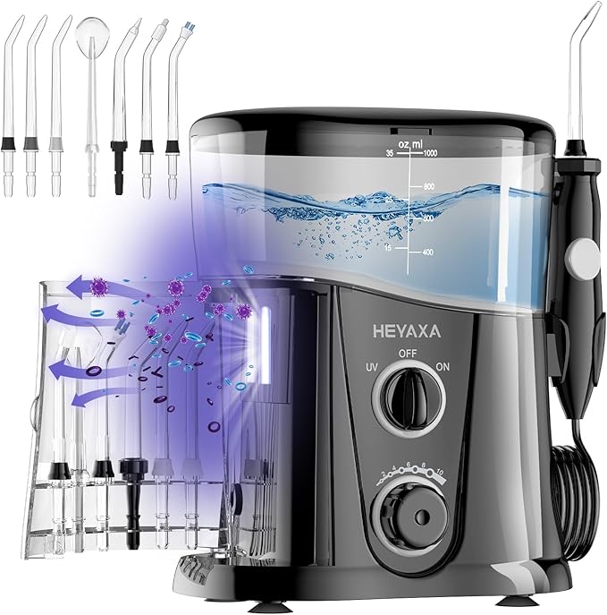 Water Dental Flosser for Teeth Cleaning with 1000ML Large Capacity and UV Storage, 10 Adjustable Pressure Electric Oral Irrigator with 7 Jet Tips, Gifts for Dental Health Seekers (Black)