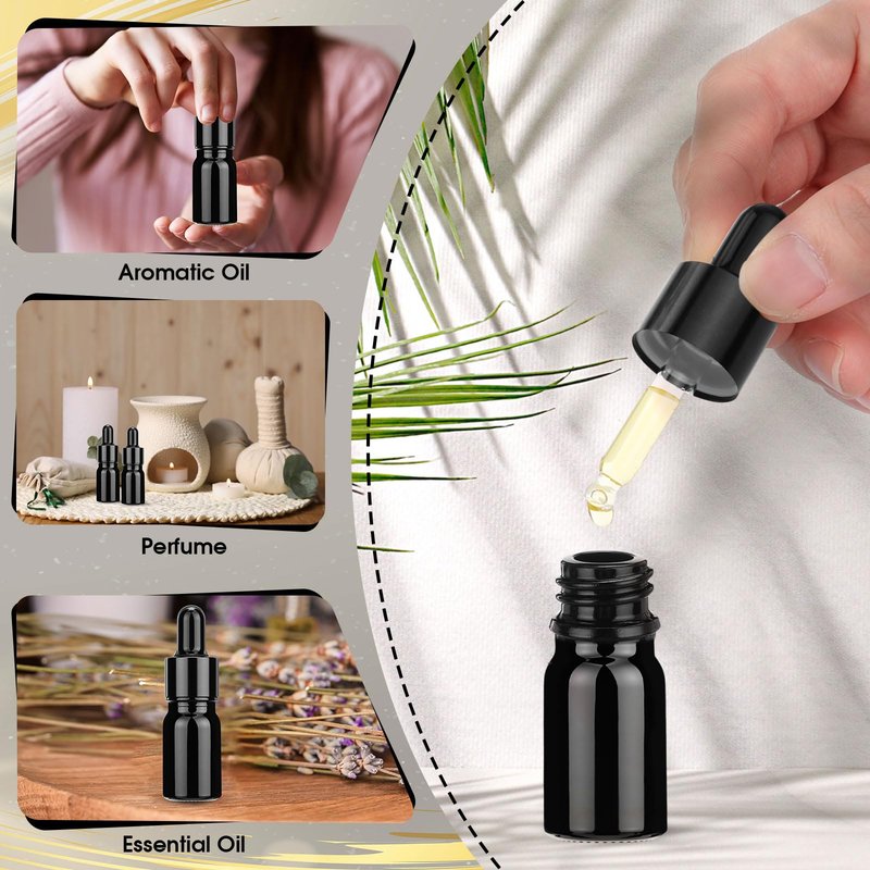 Patelai 48 Pcs 5 ml/ 0.2 oz Frosted Glass Dropper Bottles Essential Oil Bottles with Eye Dropper and Bamboo Lids Perfume Sample Essence Liquid Cosmetic Containers and Funnels (Black)