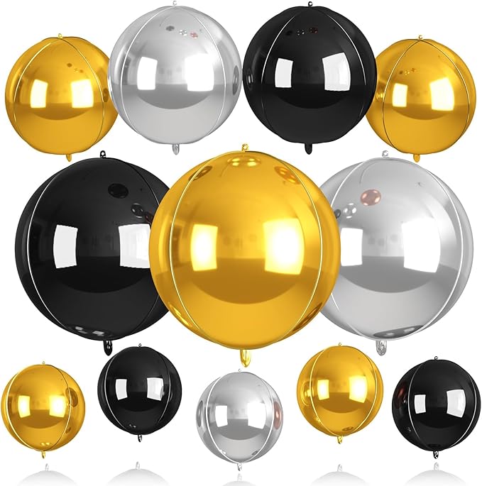 12Pcs Black and Gold Round Balloons Foil, 22" 18" 15" 10" 4D Round Ball Balloon, Giant Gold Black Silver Metallic Balloons for Graduation Wedding New Year Eve Prom Birthday Decorations Supplies