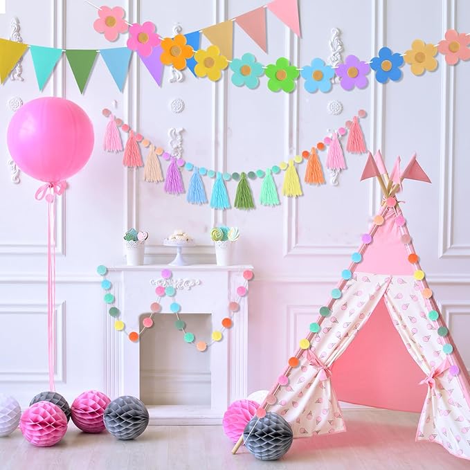 4 Pcs Rainbow Tassel Garland Colorful Pom Pom Garland 9.8 Feet Boho Felt Fabric Tassel Banner Set, Pastel Wall Door Hanging Decor for Classroom Birthday Party Kids Bedroom School