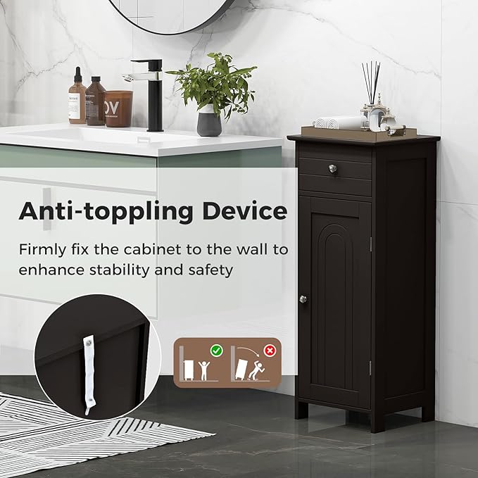 LOKO Bathroom Floor Cabinet, Modern Single Door Storage Cabinet with Drawer & Adjustable Shelves, Corner Narrow Storage Organizer for Living Room, Entryway (Brown)