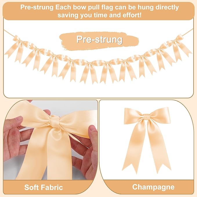 Champagne Bow Garland Bow Banner Bow Party Decorations Pre-Strung Large Coquette Satin Ribbon for Birthday Bachelorette Party Bridal Shower Wedding Engagement Baby Shower