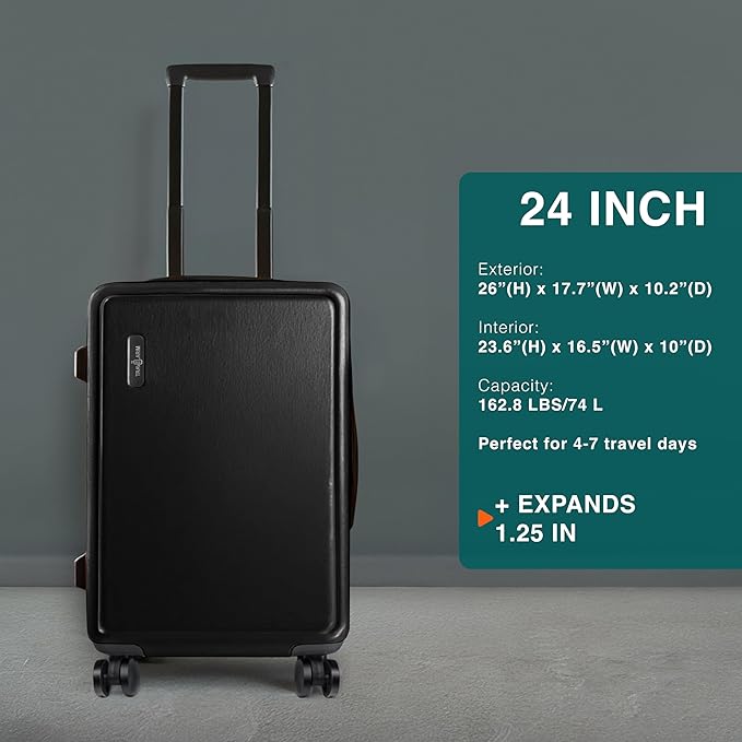TRAVELARIM 24 Inch Luggage with Spinner Wheels, Hard Shell Suitcase with TSA Locks for Luggage, Travel Large Suitcase, Expandable Hard Shell Suitcases, Black