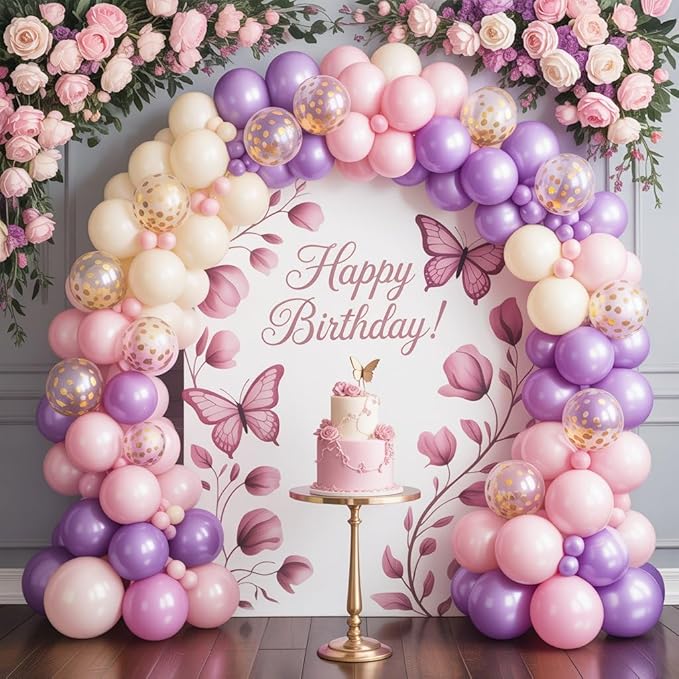 Pink and Purple Balloon Garland Arch Kit, Butterfly Balloon Arch Kit with Hot Pink Purple Gold Confetti Balloons for Bridal Shower Wedding Butterfly Birthday Party Decoration