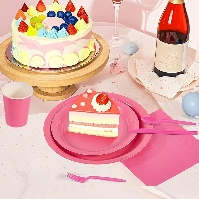 Ottin 169PCS Hot Pink Party Supplies for 24 Guests – Disposable Paper Plates, Napkins, Cups, Forks, Knives, Spoons & Tablecloth for Birthday, Wedding, Halloween, Thanksgiving, Christmas, and New Year