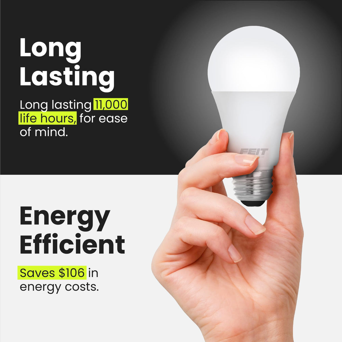 Feit Electric A19 LED Light Bulb, 60W Equivalent, Non Dimmable, 800 Lumens, E26 Medium Base, 3000k Bright White, CRI 90, 10 Year Lifetime, UL Listed, Damp Rated, 10 Pack, OM60/930CA10K/10