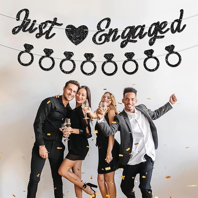 Just Engaged Banner, No DIY, Glitter Black Engagement Party Decorations and Diamond Ring Banner Sign for Bridal Shower Wedding Shower Bachelorette Party Decorations.