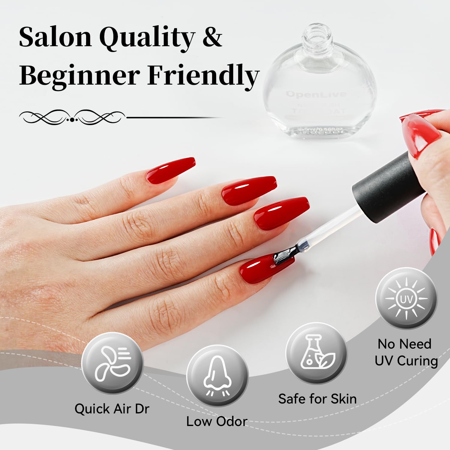 OpenLive 16.5ml Top Coat Clear Nail Polish, Quick Dry High Gloss Shine Large Volume Top Coat, Long Wear and Scratch Resistant for Women Salon DIY Nail Art