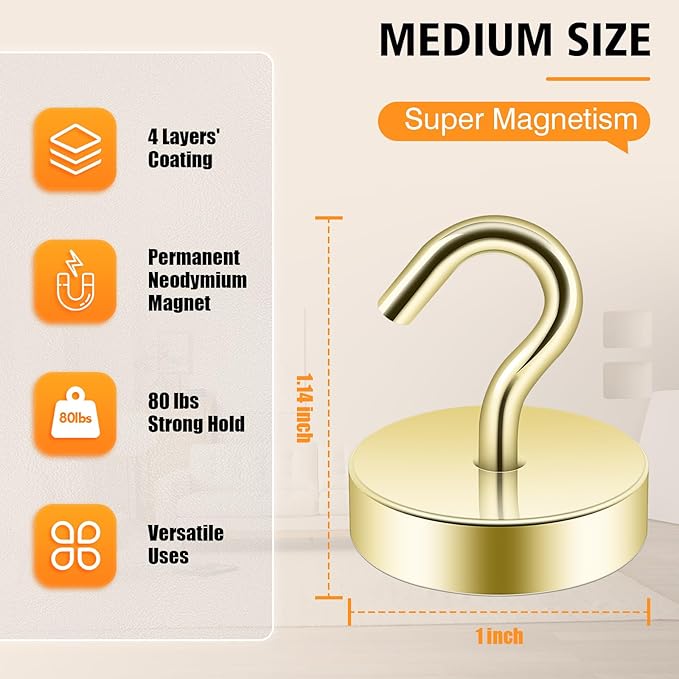 Neosmuk Magnetic Hooks, Cruise Ship Essentials, 80lb+ Heavy Duty Magnetic Hooks for Cruise Cabins, Refrigerator, Grill, Hanging, and Travel | Extra Strong Must-Haves Magnet Hook,Gold