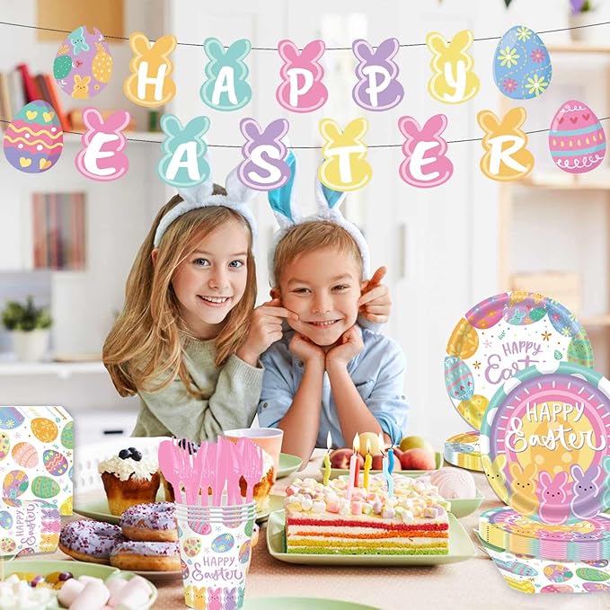 52 Pcs Easter Party Supplies Easter Party Decoration with Happy Easter Banner Bunny Dinnerware Tablecloth Disposable Paper Plates Napkins Colorful Eggs Cups Easter Spring Holiday Party Decoration
