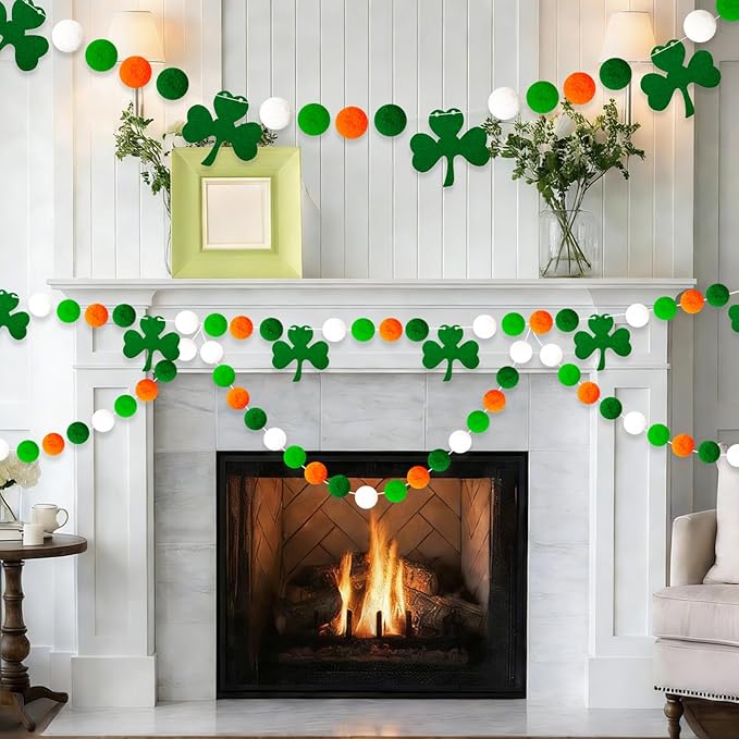 4 Pack 26.3 Feet St Patricks Day Shamrock Decorations Pom Pom Garland, Green White Orange 30 Balls St. Patrick's Day Felt Garlands for Irish Holiday Party Festivals Room Hanging Decorations
