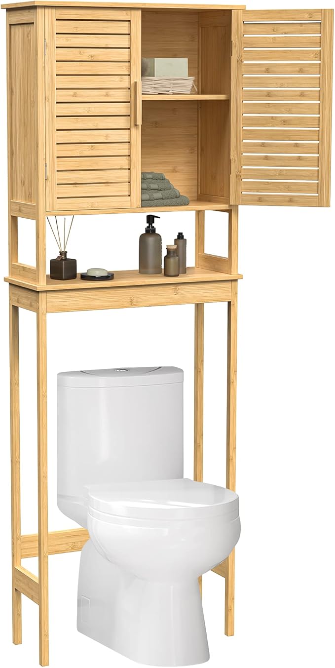 SONGMICS Over The Toilet Storage Cabinet, Bathroom Cabinet with Adjustable Inside Shelf and Bottom Stabilizer Bar, Space-Saving Toilet Rack, Natural Beige UBTS010N01