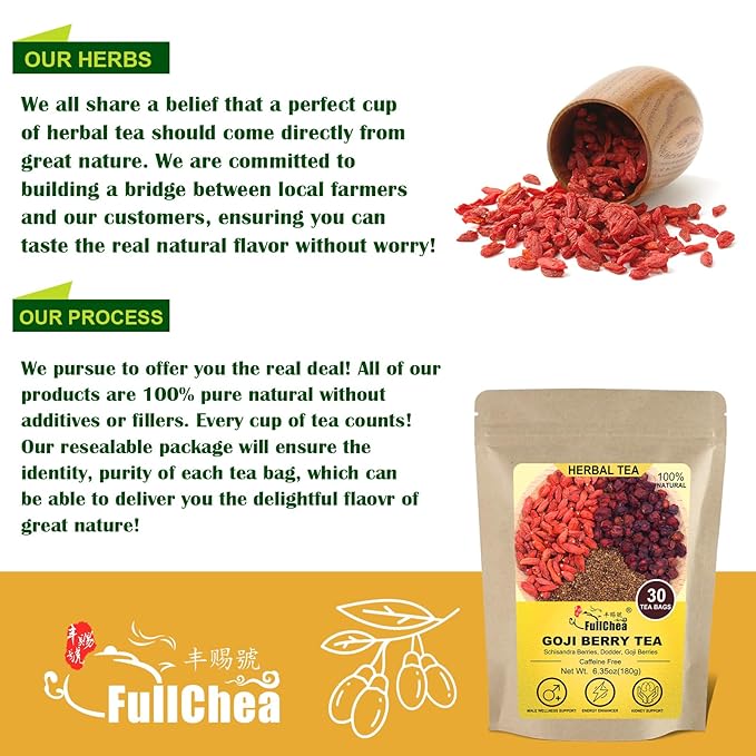 FullChea - Goji Berry Tea For Men, 30 Count X 6g - Premium Five Flavors Herbal Tea Combination - Schisandra Berries, Dodder, Wolfberry - Support Kidney Health & Boost Energy