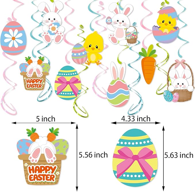 Easter Party Decorations Egg-Bunny Streamers - 16Pcs Cute Hanging Swirl Ceiling,Easter Birthday Kids Favors Gifts Supplies Spring Carrot Chicks Decor Hugtmr