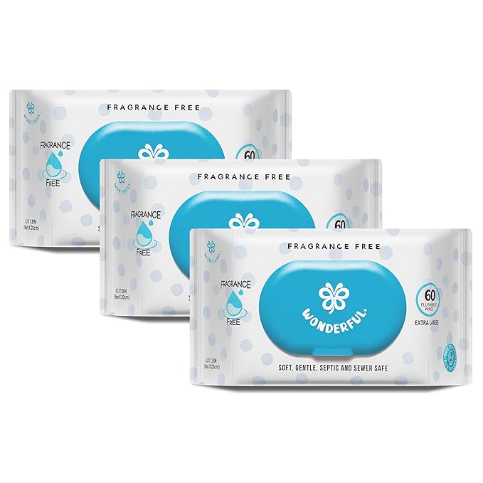 WONDERFUL Flushable Butt Wipes, Unscented 100% Plant-Based Wet Wipes for Adults & Kids, Sewer & Septic Safe, Gentle for Sensitive Skin, Wipes Flushable Pack for Bathroom & Travel, 3-Pack (180 Wipes)