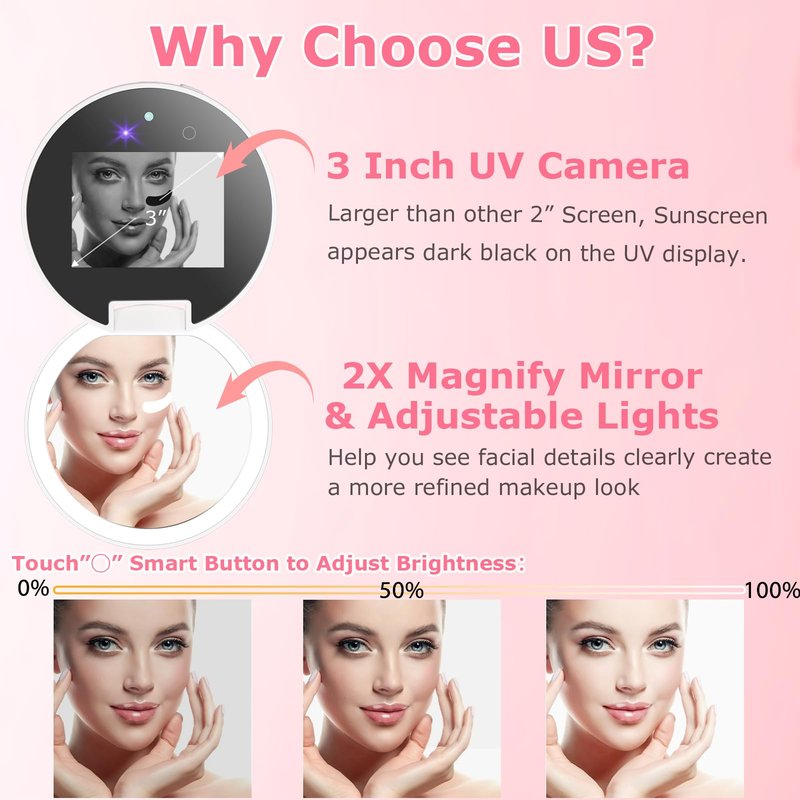 Vanexiss UV Camera for Sunscreen Test UV Mirror Sunscreen Camera, 3.8 Inch Rechargeable 2X Magnifying Vanity Mirror with Light Handheld Double-Sided Pocket Mirror for Skin Protection(White)