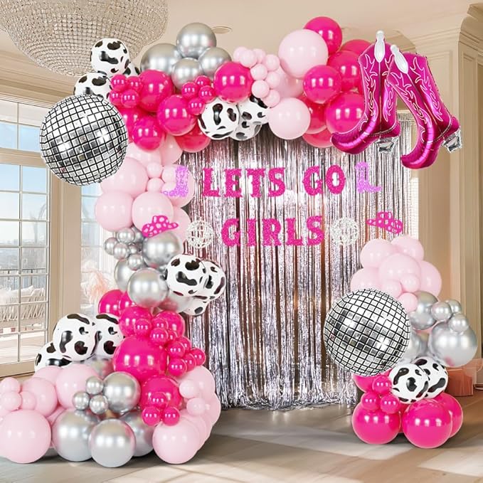 Cowgirl Balloons Arch Garland Kit For Last Rodeo Bachelorette Sash Supply Birthday Party Decorations,Hot Pink Rose Red Silver Cow Print Cowgirl Boot Disco Ball Balloon,Let’S Go Girl Banner Backdrop