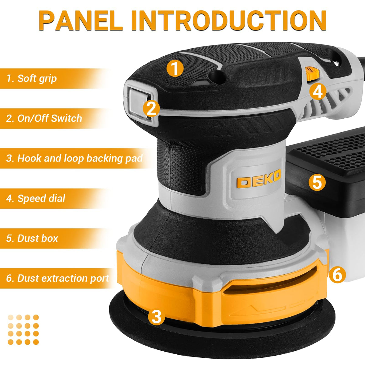Orbital Sander Corded Hand Sander: DEKOPRO 5" Random Orbital Sander with Dust Box, 6 Various Speeds Electric Palm Sander with Dust Box, 16Pcs Sandpapers for Woodworking & Sanding-Yellow