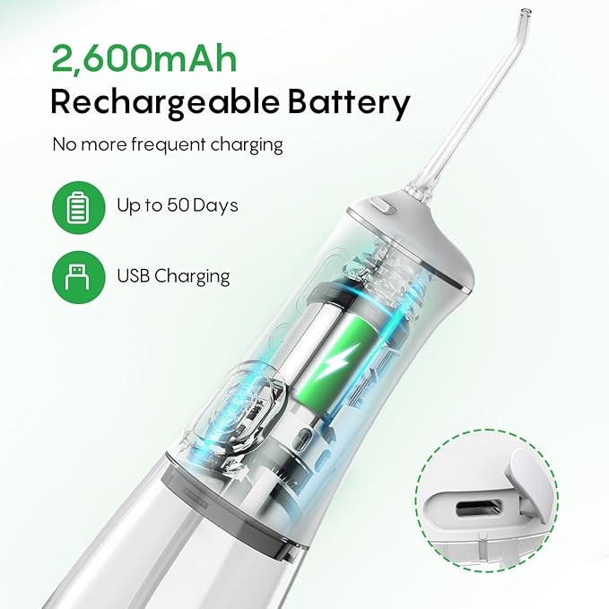FRESKO Water Dental Flosser with Constant Pressure Technology - Portable Electric Flosser with 50-Day Battery, 10oz Tank, IPX7 Waterproof, 4 Modes & 5 Tips for Deep Oral Clean