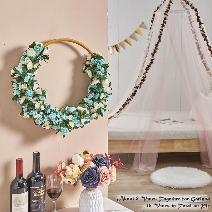 6 Pcs x 8.2 ft Flower Garland Artificial Rose Vine Flowers with Green Leaves Hanging Fake Roses Vine for Room Party Home Wedding Birthday Christmas Wall Arch Decor, White Blue Flower