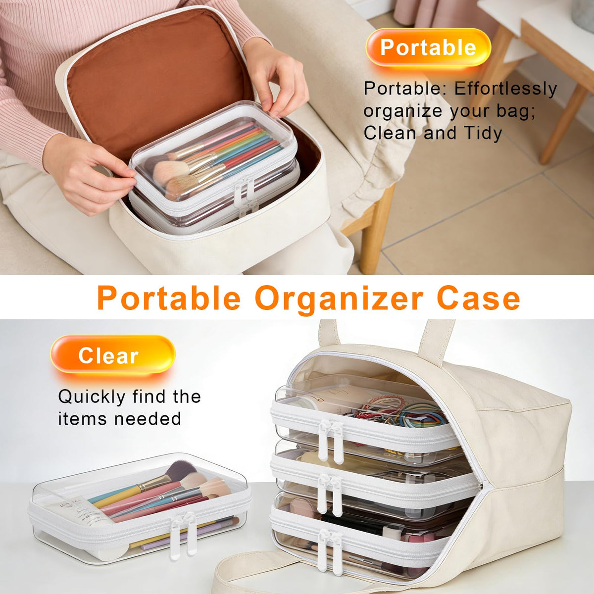 3PCS Clear Hard Shell Zipper Case,Toy Organizers and Storage Box,Clear Toiletry Cosmetic Case,Travel Makeup Bags, Diaper Bag Organizer,Pencil Case,Stackable Portable Transparent Zipper Pouches Black-L