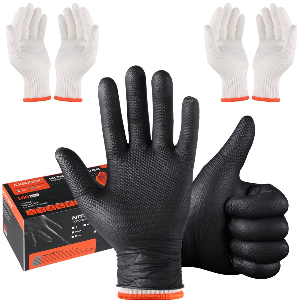 ANBOSON BBQ Gloves for Cooking Baking Grilling, 100 Count Disposable Nitrile Gloves and 4 Count Cotton Glove Liners Washable (10mil Nitrile, X-Large)