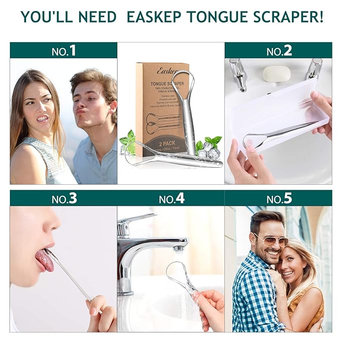 Tongue Scraper (2 Pack), Wide-head Tongue Cleaner with Nice Carrying Box, Easkep 100% Stainless Steel Tongue Scrapers Cleaners, for Men, Women, Adults, Kids