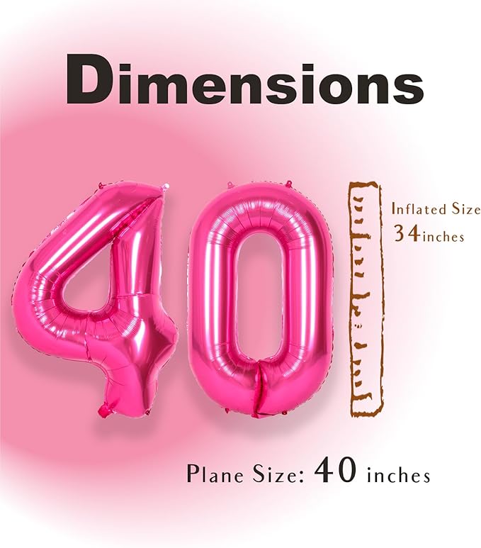 SUWEN 40 Inch Large Hot Pink 40 Balloon Numbers Big Foil Helium Number Balloons 0-9 Jumbo Happy 40th Mylar Birthday Party Decorations for Women Anniversary Party Supplies