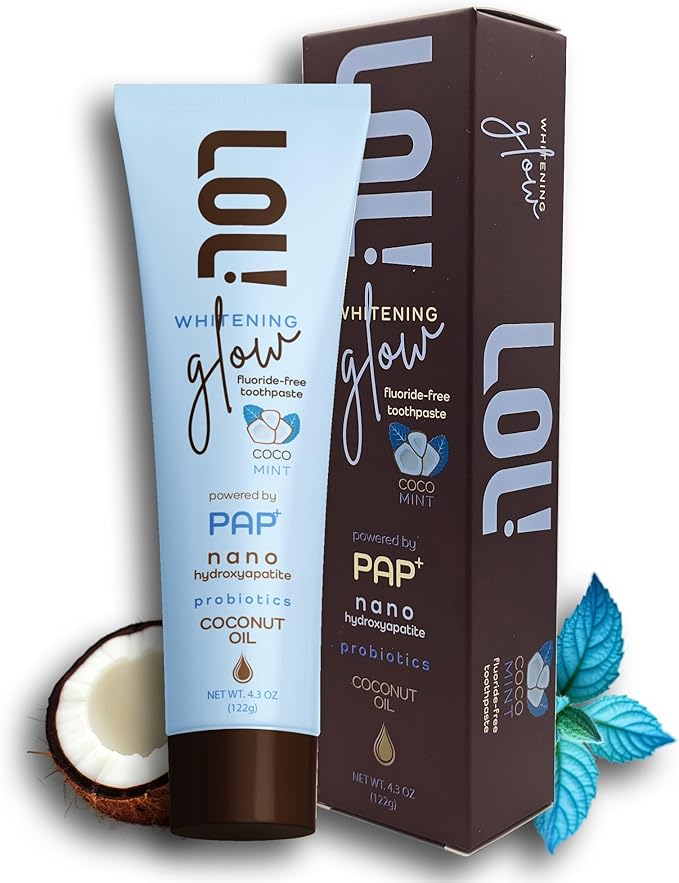 LOL Whitening Glow Coco-Mint Toothpaste Whitening with Pap+ Technology, Nano Hydroxyapatite Toothpaste, Coconut Oil, Probiotics & Xylitol, Fluoride Free, 4.3 oz