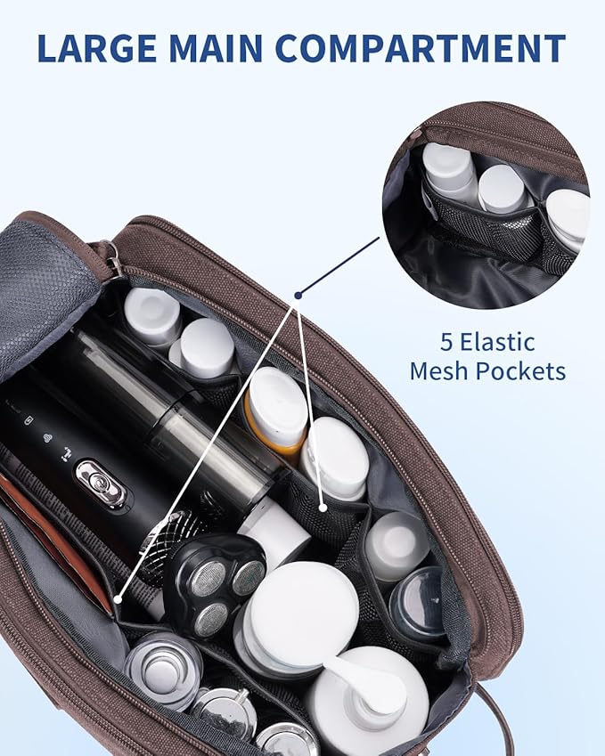 WANDF Toiletry Bag for Men Travel Toiletry Organizer Canvas and Leather Dopp Kit Water-Resistant Shaving Bag for Travel Accessories (Brown, Large)
