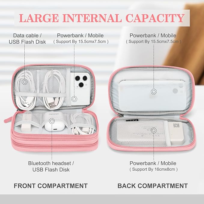 FYY Electronic Organizer, Travel Bag, Pouch, Carry Case Portable Waterproof Double Layers for Cable, Cord, Charger, Phone, Earphone Pink