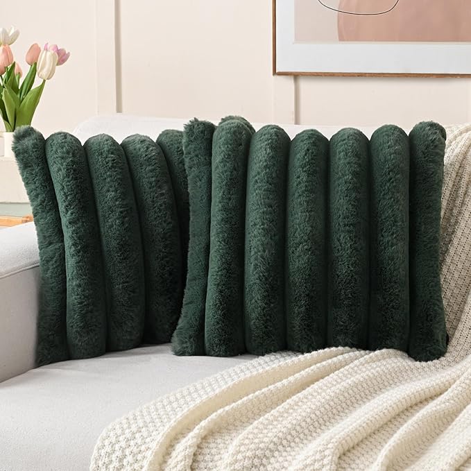 FUTEI Christmas Dark Green Decorative Throw Pillow Covers 22x22 Inch Set of 2, Square Soft Faux Rabbit Fur Thick Striped Cushion Cover,Winter Home Decor for Couch Bed Living Room