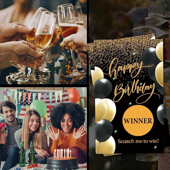 Haizct 50 Pack Happy Birthday Theme Scratch Off Card, Black Gold Balloon Scratch Card for 18th 40th 50th Birthday Tickets, Happy 50th 60th Party Supplies, Raffle Ticket Lottery Game for Group Activity