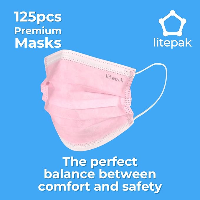 Litepak 125-Pack Disposable Face Mask Premium Comfort Earloops with Dispenser Box (Pink)