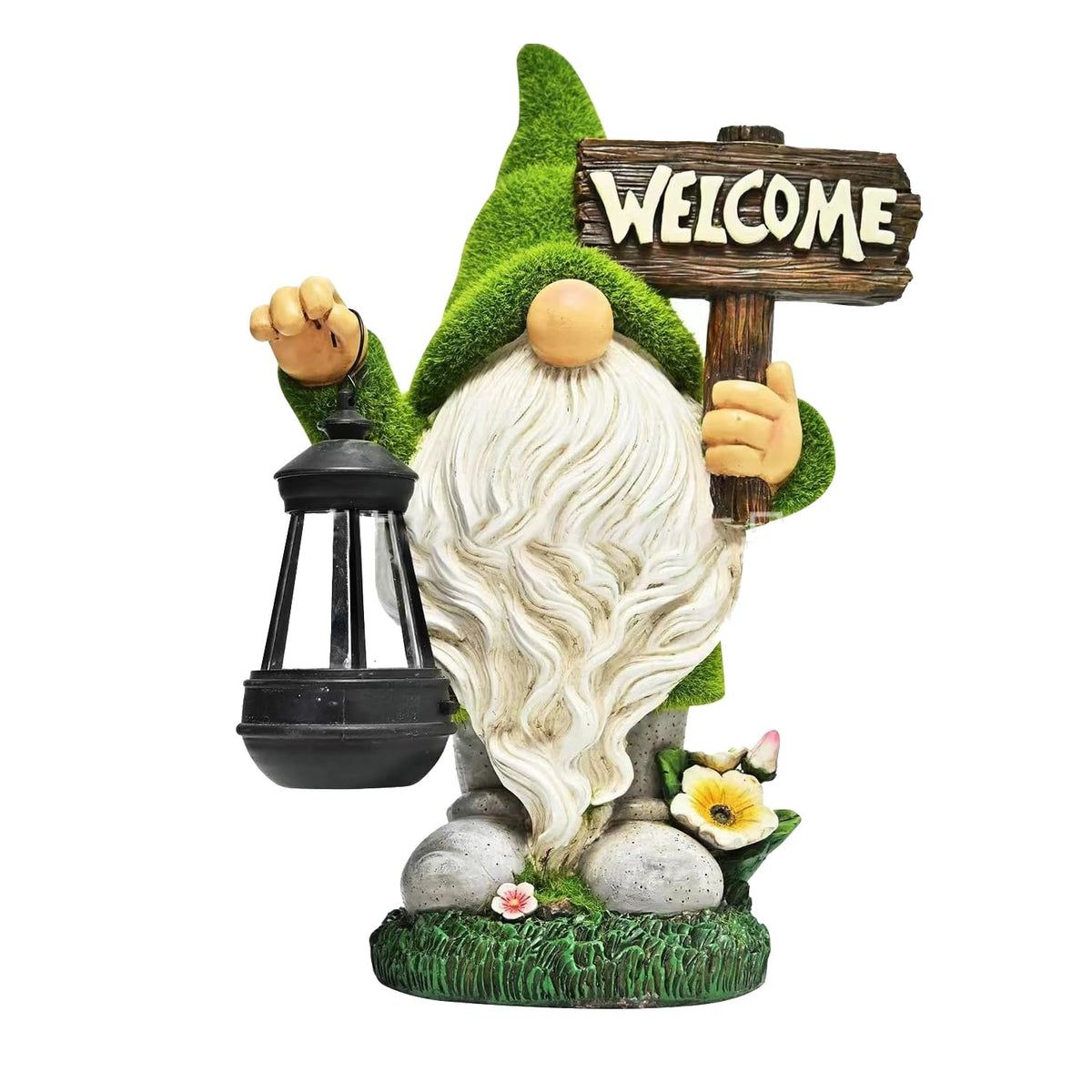 Meagkka Garden Gnome Statue Outdoor Decor Large Flocked Resin Gnome Figurine with Solar Light Holding Lantern Welcome Sign Garden Yard Decorations Dwarf Sculpture for Outside Patio Porch Lawn Decor.
