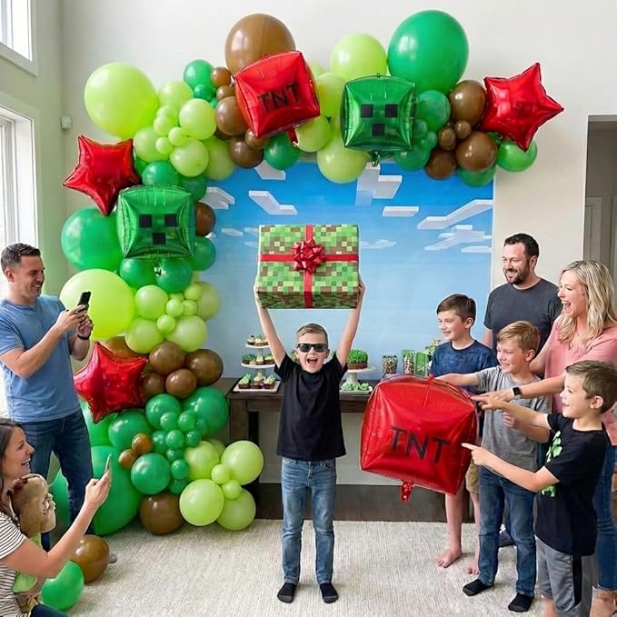 130Pcs Green Balloon Arch Garland Kit with Lime Green Brown Square Star Foil Balloons for Gaming Theme Party Decor, Birthday Party Supplies, Kids' Party Crafts and Decorations